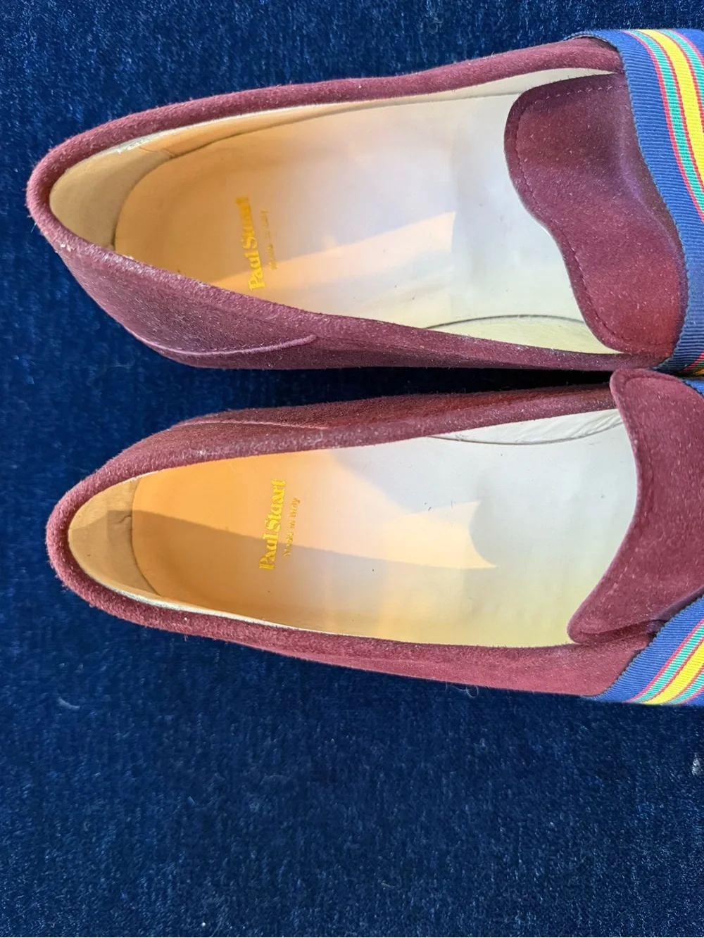 Paul Stuart Burgundy Suede Loafers with Multicolor Stripe